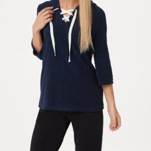 AnyBody Baby Terry Lace Up Hoodie Top Navy Shirt